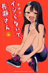 Rule 34 | 1girl, 774 (nanashi), :d, bike shorts, black hair, blush, breasts, brown eyes, copyright name, dark-skinned female, dark skin, ear piercing, fang, full body, hair ornament, hairclip, highres, ijiranaide nagatoro-san, invisible floor, long hair, looking at viewer, midriff, nagatoro hayase, no socks, official art, one-piece tan, open mouth, piercing, red background, shoes, sitting, skin fang, small breasts, smile, sneakers, solo, swept bangs, tan, tanline, tying shoes