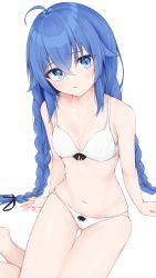 Rule 34 | 1girl, absurdres, ahoge, arm support, bare arms, bare legs, bare shoulders, barefoot, black ribbon, blue eyes, blue hair, bow, bow bra, bow panties, bra, braid, breasts, collarbone, commentary request, feet out of frame, hair between eyes, hair flaps, hair ribbon, highres, hijouguti, long hair, looking at viewer, mushoku tensei, panties, parted lips, ribbon, roxy migurdia, simple background, sitting, small breasts, solo, twin braids, underwear, underwear only, very long hair, white background, white bra, white panties, yokozuwari