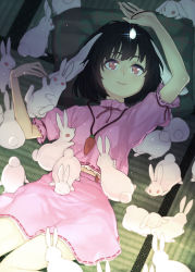 Rule 34 | 1girl, animal ears, black hair, rabbit, rabbit ears, carrot, dress, inaba tewi, jewelry, lying, miniskirt, necklace, on back, pendant, pink dress, red eyes, short hair, skirt, skirt set, smile, solo, subachi, too many, too many rabbits, touhou