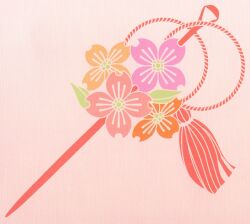 Rule 34 | dogwood (flower), flower, hair ornament, highres, kanzashi, no humans, no lineart, object focus, official art, orange flower, pink background, pink flower, pink theme, third-party source, tsumami kanzashi, vocaloid, vy1
