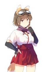 Rule 34 | 1girl, animal ears, brown eyes, brown hair, cowboy shot, fox ears, fox tail, goggles, goggles on head, hakama, hakama short skirt, hakama skirt, haori, japanese clothes, katou keiko, ohashi (hashidate), red skirt, scarf, short hair, short sleeves, simple background, skirt, solo, strike witches, tail, vambraces, white background, witches of africa, world witches series