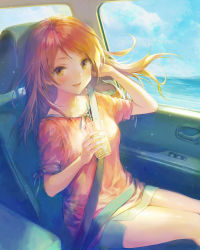 Rule 34 | 1girl, 888myrrh888, :d, blue skirt, blue sky, brown eyes, brown hair, brown shirt, car interior, cloud, cloudy sky, collarbone, commentary request, cup, day, disposable cup, drinking straw, hand in own hair, hand up, hojo karen, holding, holding cup, horizon, idolmaster, idolmaster cinderella girls, legs together, long hair, miniskirt, ocean, open mouth, pencil skirt, shirt, short sleeves, sitting, skirt, sky, smile, solo, water