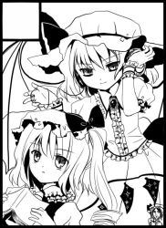 Rule 34 | 3girls, circle cut, female focus, flandre scarlet, greyscale, hat, monochrome, multiple girls, remilia scarlet, siblings, sisters, torii sumi, touhou, white background