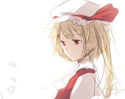 Rule 34 | 1girl, ascot, blonde hair, bonnet, empty eyes, female focus, flandre scarlet, hat, hat ribbon, incomplete, petals, red eyes, ribbon, sad, shirt, side ponytail, simple background, sketch, solo, tears, touhou, weee (raemz), white background, white shirt