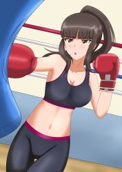 Rule 34 | 1girl, alternate hairstyle, black leggings, black sports bra, blunt bangs, boxing gloves, boxing ring, breasts, brown eyes, brown hair, cleavage, commentary, crop top, dutch angle, girls und panzer, groin, hair up, hiromon, large breasts, leggings, long hair, looking to the side, midriff, navel, nishizumi shiho, open mouth, ponytail, punching, punching bag, sidelocks, solo, sports bra, standing, straight hair, thigh gap