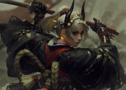 Rule 34 | 1girl, absurdres, bell, blue eyes, closed mouth, eyeshadow, from behind, gloves, guweiz, hands up, headpiece, highres, holding, horns, jingle bell, katana, long sleeves, looking at viewer, looking back, makeup, original, ponytail, rain, solo, sword, two-handed, weapon