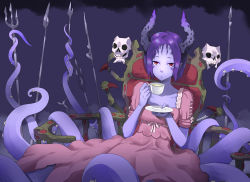 Rule 34 | 1girl, artist name, colored skin, cup, dress, eudetenis, facial mark, highres, holding, holding cup, horns, looking at viewer, monster girl, original, parted bangs, parted lips, pink dress, pointy ears, polearm, purple hair, purple skin, red eyes, saucer, scylla, short hair, short sleeves, sitting, skull, solo, spear, tea, teacup, tentacles, thrown, trident, weapon