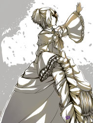 Rule 34 | 1girl, absurdres, aku no musume (vocaloid), bow, choker, clenched hand, commentary, dress, evillious nendaiki, flower, frilled dress, frills, hair ornament, hair ribbon, hairclip, highres, kagamine rin, leaf, lying, monochrome, on side, profile, reaching, reaching towards viewer, ribbon, riliane lucifen d&#039;autriche, rose, signature, silhouette, simple background, solo, tree, updo, vocaloid, wind, zerovocal