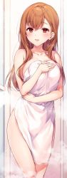 Rule 34 | 1girl, breasts, collarbone, commentary request, covering privates, highres, holding, kinjo no nanako-san, komeshiro kasu, large breasts, long hair, looking at viewer, naked towel, nanako-san, nude cover, open mouth, orange hair, red eyes, smile, solo, standing, steam, thighs, towel