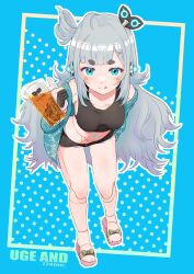 Rule 34 | 1girl, :q, absurdres, alcohol, and uge, android, beer, beer mug, black shorts, blue background, blue eyes, blue shirt, blunt bangs, blush, breasts, character name, closed mouth, commentary request, copyright name, cup, full body, grey hair, hairpods, heibon banana, highres, joints, leaning forward, long hair, looking at viewer, medium bangs, medium breasts, midriff, mug, nanashi inc., off shoulder, one side up, open clothes, open shirt, outline, pink footwear, robot joints, sandals, shirt, shorts, smile, solo, thick eyebrows, tongue, tongue out, virtual youtuber, white outline, winding key