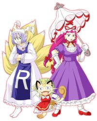 Rule 34 | 1boy, 1girl, animal ears, artist request, big hair, blue eyes, blue hair, bow, cat, chen, chen (cosplay), clothes writing, cosplay, creatures (company), earrings, elbow gloves, fangs, feet, fox tail, game freak, gen 1 pokemon, gloves, green eyes, hair bow, hair slicked back, hands in opposite sleeves, hat, james (pokemon), jessie (pokemon), jewelry, meowth, nintendo, parody, pawpads, pink hair, pokemon, pokemon (anime), ribbon, smile, socks, soles, tabi, tail, team rocket, toes, touhou, umbrella, whiskers, white gloves, yakumo ran, yakumo ran (cosplay), yakumo yukari, yakumo yukari (cosplay)