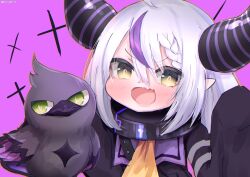 Rule 34 | 1girl, ahoge, animal, bird, black coat, black horns, blush, braid, braided bangs, coat, collar, crow (la+ darknesss), demon horns, double-parted bangs, fang, grey hair, highres, hololive, horns, la+ darknesss, la+ darknesss (1st costume), long hair, looking at viewer, metal collar, multicolored hair, neckerchief, open mouth, pointy ears, purple background, purple hair, purple horns, skin fang, sleeves past fingers, sleeves past wrists, slit pupils, solo, streaked hair, striped horns, takatsurt, upper body, v-shaped eyebrows, virtual youtuber, yellow eyes, yellow neckerchief