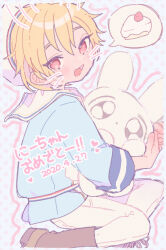 Rule 34 | 1boy, 2020, androgynous, blonde hair, blue shirt, blush, boots, cake, dated, drawn ears, drawn whiskers, ensemble stars!, food, holding, holding stuffed toy, blue background, looking at viewer, male focus, nito nazuna, open mouth, pants, pink background, polka dot, polka dot background, red eyes, sailor collar, shirt, short hair, smile, solo, strawberry shortcake, stuffed animal, stuffed rabbit, stuffed toy, translation request, usa tyan, white pants, white sailor collar