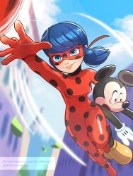 1boy 1girl animal_ears black_bodysuit blonde_hair blue_eyes blue_hair bodysuit closed_mouth crossover disney highres long_hair marinette_dupain-cheng mask mickey_mouse miraculous_ladybug mouse_ears polka_dot simple_background smile superhero_costume takatmaorange twintails