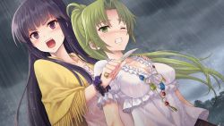 Rule 34 | 2girls, aged up, blunt bangs, blush, breasts, cleavage, clenched teeth, cloud, cloudy sky, crying, crying with eyes open, dress, dutch angle, female focus, furude rika, game cg, green eyes, green hair, grey sky, hand on another&#039;s shoulder, highres, higurashi no naku koro ni, hinamizawa teiryuujo, hostage, knife, large breasts, long dress, long hair, multiple girls, official art, one eye closed, open mouth, outdoors, parted bangs, puffy short sleeves, puffy sleeves, purple eyes, purple hair, rain, scared, short sleeves, sky, sonozaki mion, spoilers, sweatdrop, tears, teeth, threat, tomozo kaoru, wet, wet clothes