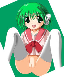 Rule 34 | 1girl, android, blush, bottomless, bow, bowtie, collarbone, green background, green eyes, green hair, long sleeves, looking at viewer, multi (to heart), open mouth, pink shirt, pussy, red neckwear, robot, robot ears, school uniform, shirt, short hair, smile, squatting, teeth, thighhighs, to heart, to heart (series), white thighhighs