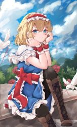 Rule 34 | 1girl, alice margatroid, ascot, black pantyhose, blonde hair, blue dress, blue eyes, boots, brown footwear, capelet, commentary request, cross-laced footwear, dress, frilled ascot, frilled dress, frilled hairband, frills, hairband, happy, highres, lolita hairband, medium hair, orchid (orukido), pantyhose, puffy short sleeves, puffy sleeves, red ascot, red hairband, short sleeves, sitting, solo, touhou, white capelet