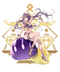 Rule 34 | 1girl, absurdres, arm up, bare arms, bare shoulders, bikini, braid, breasts, cleavage, closed mouth, collarbone, commentary request, frilled bikini, frills, genshin impact, hair between eyes, high heels, highres, keqing (genshin impact), long hair, medium breasts, pixelated, purple bikini, purple eyes, purple footwear, purple hair, slime (creature), slime (genshin impact), smile, swimsuit, very long hair, white background, yiyu qing mang