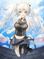Rule 34 | 1girl, absurdres, airborne, black pantyhose, black shirt, breasts, bubble, cleavage, cloud, fangs, grey eyes, grey hair, highres, hololive, long hair, mattari osusi, medium breasts, navel, o-ring, o-ring thigh strap, open mouth, pantyhose, see-through, see-through cleavage, shirt, shishiro botan, shishiro botan (1st costume), single leg pantyhose, sky, sleeveless, sleeveless shirt, smile, solo, ssrb (shishiro botan), sunlight, thigh strap, torn clothes, torn pantyhose, two side up, virtual youtuber