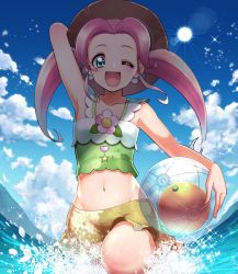 Rule 34 | 1girl, ;d, ball, beachball, green eyes, ha-chan (mahou girls precure!), hanami kotoha, hat, long hair, looking at viewer, mahou girls precure!, midriff, naokado, navel, ocean, one eye closed, open mouth, partially submerged, pink hair, precure, smile, solo, sun, sunlight, swimsuit, twintails