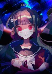 1girl black_sailor_collar blue_coat blunt_bangs bow bowtie brown_hair coat coat_on_shoulders collarbone commentary_request crossed_arms crying crying_with_eyes_open danganronpa_(series) danganronpa_v3:_killing_harmony english_text eyelashes floating_clothes hair_ornament hair_scrunchie hairclip harukawa_maki highres light_frown long_hair long_sleeves looking_at_viewer low_twintails meteor_shower mixed-language_text mole mole_under_eye parted_lips purple_coat red_eyes red_scrunchie red_shirt sad sailor_collar school_uniform scrunchie serafuku shirt sky solo space spoilers star_(sky) starry_sky steam_salmon straight-on tears teeth translation_request twintails two-sided_coat two-sided_fabric upper_body white_bow white_bowtie wide-eyed