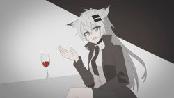 Rule 34 | 1girl, :d, alcohol, animal ear fluff, animal ears, arknights, bad id, bad pixiv id, black background, black jacket, black necktie, black shorts, blue eyes, chihuri, collared shirt, cup, dress shirt, drinking glass, fang, grey background, grey hair, hair between eyes, hair ornament, hairclip, hand up, highres, jacket, lappland (arknights), long hair, long sleeves, necktie, open clothes, open jacket, open mouth, shirt, short shorts, shorts, smile, solo, two-tone background, very long hair, white shirt, wine, wine glass