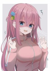 Rule 34 | 1girl, blue eyes, blush, bocchi the rock!, breasts, commentary request, crossed bangs, cube hair ornament, double v, gotoh hitori, hair between eyes, hair ornament, highres, jacket, large breasts, long hair, long sleeves, looking at viewer, nekonosuke, one side up, open mouth, pink hair, pink jacket, sidelocks, solo, track jacket, upper body, v