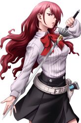Rule 34 | 1girl, belt, black skirt, bow, bowtie, buttons, floating hair, gekkoukan high school uniform, hair over one eye, highres, holding, holding sword, holding weapon, kirijou mitsuru, lips, long hair, long sleeves, looking at viewer, masatoshi 1219, one eye covered, parted lips, persona, persona 3, pink lips, red bow, red bowtie, red eyes, red hair, school uniform, shirt, simple background, skirt, solo, sword, uniform, very long hair, weapon, white background, white belt, white shirt