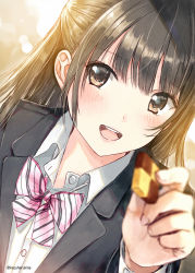 Rule 34 | 1girl, black hair, blush, bow, bowtie, brown eyes, checkerboard cookie, commentary request, cookie, food, half updo, kazuharu kina, long hair, looking at viewer, open mouth, original, school uniform, smile, solo, twitter username