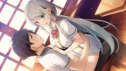 Rule 34 | 1boy, 1girl, blue eyes, bow, bowtie, brown hair, classroom, collarbone, collared shirt, desk, eye contact, game cg, girl on top, grey sailor collar, hair ornament, hand on another&#039;s hip, hand on another&#039;s shoulder, hetero, highres, indoors, kamisama no you na kimi e, kantoku, long hair, looking at another, miniskirt, official art, open mouth, plaid, plaid bow, plaid neckwear, pleated skirt, red bow, red neckwear, sailor collar, sailor shirt, shiromae kaito, shirt, short hair, sidelocks, silver hair, sitting, sitting on lap, sitting on person, skirt, tsukuyomi (kamikimi), very long hair, white shirt, white skirt, wooden floor