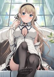 Rule 34 | 1girl, bare shoulders, black choker, black nails, black skirt, black thighhighs, blue eyes, blush, breasts, brown hair, choker, cleavage, closed mouth, collared shirt, couch, curtains, earrings, feet, frown, garter straps, hairband, hand up, highres, jacket, jewelry, large breasts, leg up, long hair, long sleeves, looking at viewer, miniskirt, nail polish, neck ribbon, no shoes, off shoulder, on couch, open clothes, open jacket, original, partially unbuttoned, ribbon, shirt, sidelocks, sitting, skirt, sleeveless, sleeveless shirt, solo, thighhighs, thighs, tomoo (tomo), v-shaped eyebrows, white jacket, white shirt, window