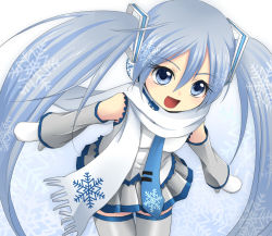Rule 34 | 1girl, :d, blue eyes, blue hair, detached sleeves, from above, hatsune miku, long hair, lowres, matching hair/eyes, mittens, necktie, open mouth, scarf, skirt, smile, solo, thighhighs, tsujiori, twintails, very long hair, vocaloid, white scarf, yuki miku