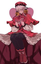 Rule 34 | 1girl, absurdres, black thighhighs, blood, blood on hands, blush, bow, bowtie, cape, faust (project moon), frils, full body, hat, hat ribbon, heart, highres, limbus company, on bed, project moon, red footwear, red ribbon, ribbon, rmenssari, short hair, simple background, smile, solo, thighhighs, valentine, white hair