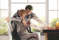 Rule 34 | 2boys, alcohol, blonde hair, cup, facial hair, formal, green hair, grin, hair over one eye, highres, kotomine (a1569), crossed legs, male focus, multiple boys, one piece, open mouth, roronoa zoro, sanji (one piece), smile, smoking, suit, yaoi