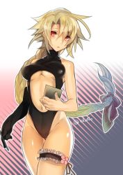 Rule 34 | 1girl, bare shoulders, black gloves, black one-piece swimsuit, blazblue, blonde hair, bow, braid, breasts, bridal garter, casual one-piece swimsuit, center opening, cleavage, cowboy shot, elbow gloves, gloves, groin, hair between eyes, halterneck, highleg, highleg swimsuit, hyakuhachi (over3), image sample, lambda-11, leotard, long hair, looking at viewer, low-tied long hair, medium breasts, navel, one-piece swimsuit, pen, red eyes, ribbon, shiny clothes, shiny skin, single braid, single elbow glove, skin tight, solo, swimsuit, thigh gap, turtleneck, underboob