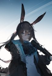 Rule 34 | 1girl, amiya (arknights), animal ears, arknights, ascot, black ascot, black jacket, blue eyes, brown hair, commentary, female focus, highres, holding, holding instrument, holding violin, instrument, jacket, jewelry, long hair, neck ring, open clothes, open jacket, parted lips, ponytail, rabbit ears, shirt, solo, soukou makura, symbol-only commentary, upper body, violin, white shirt
