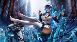 Rule 34 | 1girl, akame ga kill!, ass, blue eyes, blue hair, blue nails, boots, breast tattoo, breasts, chain, cleavage, crossed legs, cup, detached sleeves, drinking glass, esdeath, forest, hair between eyes, hat, high heels, highres, ice, large breasts, long hair, looking at viewer, matching hair/eyes, military hat, military uniform, nature, outdoors, pillar, reivash, solo, tattoo, thick thighs, thigh boots, thighhighs, thighs, uniform, wine glass