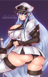 Rule 34 | 1girl, akame ga kill!, ange1witch, ass, blue eyes, blue hair, boots, breasts, cleft of venus, detached sleeves, dress, esdeath, from behind, hat, highres, huge breasts, long hair, looking at viewer, military, military uniform, panties, parted lips, rapier, shiny clothes, shiny skin, short dress, sideboob, skirt, smile, solo, sword, thigh boots, thighhighs, underwear, uniform, very long hair, weapon