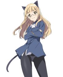Rule 34 | 1girl, animal ears, black pantyhose, blonde hair, cat ears, cat tail, closed mouth, crossed arms, glasses, long hair, long sleeves, looking at viewer, military, military uniform, panties, panties under pantyhose, pantyhose, perrine h. clostermann, simple background, smile, solo, strike witches, tail, umanosuke, underwear, uniform, white background, white panties, world witches series, yellow eyes