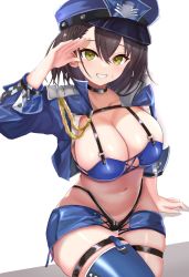 Rule 34 | 1girl, absurdres, ana (vvvvor), arm up, azur lane, baltimore (azur lane), baltimore (finish line flagbearer) (azur lane), bikini, black bikini, blue bikini, blue hat, blue jacket, braid, breasts, brown hair, choker, cleavage, cropped jacket, french braid, gloves, green eyes, grin, hair between eyes, hat, highleg, highleg bikini, highres, jacket, large breasts, looking at viewer, mismatched bikini, navel, official alternate costume, open clothes, open jacket, peaked cap, race queen, short hair, simple background, single thighhigh, sitting, smile, solo, stomach, sweat, swimsuit, teeth, thigh gap, thigh strap, thighhighs, white background