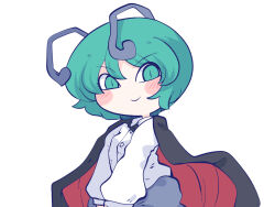 Rule 34 | 1girl, antennae, black cape, blue pants, blush stickers, buttons, cape, chahan (fried rice0614), closed mouth, collared shirt, green eyes, green hair, long sleeves, looking at viewer, pants, red cape, shirt, short hair, simple background, smile, solo, touhou, upper body, white background, white shirt, wriggle nightbug