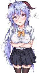 Rule 34 | 1girl, absurdres, ahoge, arms under breasts, black skirt, blue hair, blush, bow, bowtie, bra visible through clothes, breasts, brown thighhighs, collared shirt, commentary request, cowboy shot, crossed arms, dress shirt, ganyu (genshin impact), genshin impact, goat horns, highres, horns, long hair, looking at viewer, medium breasts, neon (hhs9444), open mouth, pleated skirt, red eyes, shirt, short sleeves, skirt, solo, spoken squiggle, squiggle, standing, thighhighs, very long hair, white background, white shirt, yellow bow, yellow bowtie, zettai ryouiki