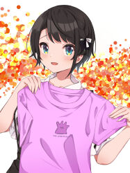 Rule 34 | 1girl, :d, black bow, black hair, blue eyes, blush, bow, braid, collarbone, commentary request, hair bow, highres, holding, holding clothes, holding shirt, hololive, looking at viewer, oozora subaru, open mouth, pink shirt, print shirt, shirt, short hair, short sleeves, single braid, smile, solo, suzushika (13 96), upper body, virtual youtuber, white bow, white shirt