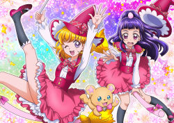 Rule 34 | 2girls, :o, ;d, arms up, asahina mirai, bear, black socks, blonde hair, blue eyes, bow, broom, broom riding, creature, floral background, full body, half updo, hanzou, hat, izayoi liko, kneehighs, long hair, mahou girls precure!, mofurun (mahou girls precure!), multicolored background, multiple girls, one eye closed, open mouth, outstretched hand, pink footwear, pink skirt, plaid, plaid bow, precure, purple eyes, purple hair, red hat, riko (mahou girls precure!), shoes, short hair, skirt, smile, socks, star (symbol), star in eye, symbol in eye, unworn hat, unworn headwear, wand