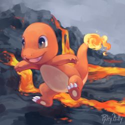 Rule 34 | charmander, claws, commentary, creatures (company), english commentary, fangs, fire, fire, flame-tipped tail, full body, game freak, gen 1 pokemon, happy, jumping, lava, nintendo, no humans, open mouth, outdoors, pokemon, pokemon (creature), rileykitty, signature, smile, solo, tongue