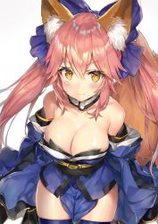 Rule 34 | 1girl, animal ear fluff, animal ears, bare shoulders, blue bow, blue kimono, bow, breasts, brown eyes, cleavage, collarbone, commentary request, detached sleeves, fate/grand order, fate (series), fox ears, fox girl, fox tail, hair between eyes, hair bow, japanese clothes, kimono, large breasts, long hair, long sleeves, looking at viewer, momoko (momopoco), pink hair, revision, short kimono, sidelocks, simple background, solo, strapless, tail, tamamo (fate), tamamo no mae (fate/extra), twintails, v-shaped eyebrows, very long hair, white background, wide sleeves