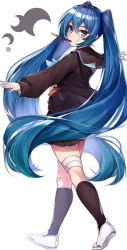 Rule 34 | 1girl, absurdres, bandaged knees, bandaid, bandaid on knee, bandaid on leg, black sailor collar, black serafuku, black skirt, black socks, black sweater, blue eyes, blue hair, blue nails, blue neckerchief, blush, floating hair, food in mouth, from side, full body, hair between eyes, hatsune miku, highres, kneehighs, long hair, long sleeves, looking at viewer, marutenmaruten, miniskirt, mouth hold, nail polish, neckerchief, outstretched arms, pleated skirt, pocky, pocky in mouth, sailor collar, sailor collar lift, school uniform, serafuku, simple background, skirt, socks, solo, standing, sweater, thermometer, twintails, very long hair, vocaloid, white background, white footwear