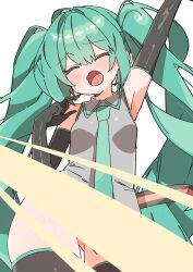 Rule 34 | 1girl, absurdres, aqua hair, arm up, armpits, bare shoulders, black thighhighs, blush, breasts, closed eyes, commentary, elbow gloves, gloves, hatsune miku, highres, light censor, long hair, necktie, open mouth, shirt, sleeveless, sleeveless shirt, small breasts, solo, stretching, thighhighs, twintails, uruti 2388, very long hair, vocaloid, white background, yawning
