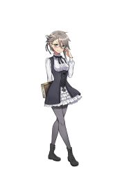 Rule 34 | 1girl, adjusting eyewear, ange (princess principal), asymmetrical hair, black footwear, blue eyes, book, braid, frilled skirt, frills, full body, glasses, grey hair, grey pantyhose, hand up, highres, holding, holding book, looking at viewer, official art, pantyhose, princess principal, princess principal game of mission, school uniform, shoes, skirt, solo, standing, transparent background, white skirt