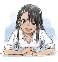 Rule 34 | 1girl, 774 (nanashi), black hair, blush, breasts, brown eyes, collarbone, collared shirt, commentary request, dark-skinned female, dark skin, ear piercing, fang, hair ornament, hairclip, head tilt, ijiranaide nagatoro-san, leaning on object, long hair, nagatoro hayase, open mouth, own hands together, piercing, raised eyebrow, shirt, sitting, skin fang, sleeves rolled up, small breasts, smug, solo, white shirt